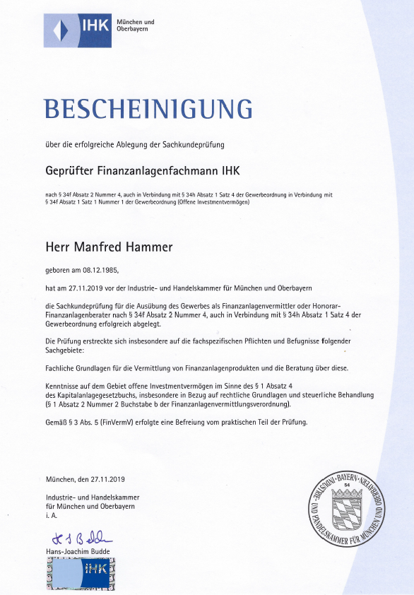 Bescheinigung Geprüfter Finanzanlagenfachmann.