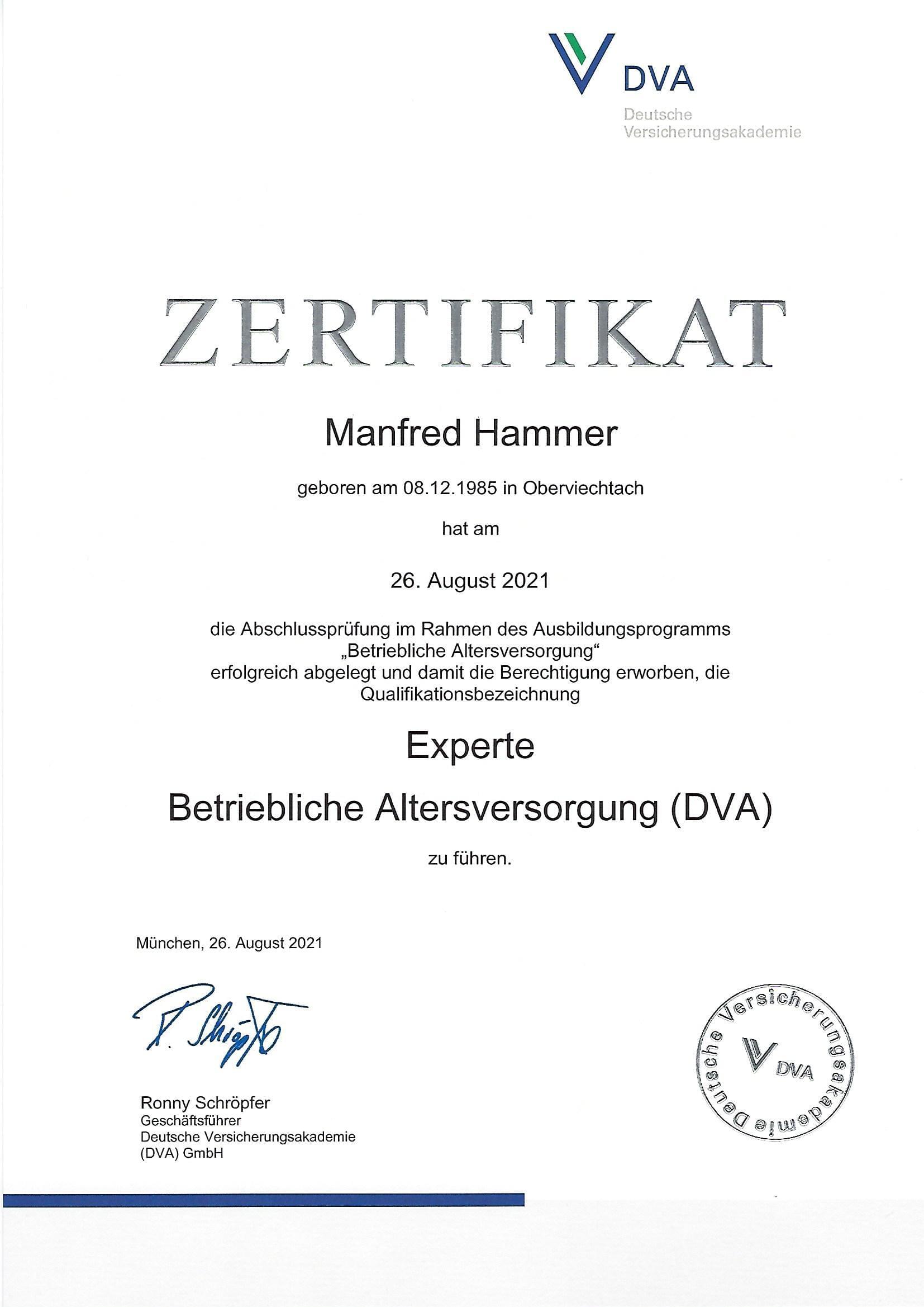Zertifikat Experte Betriebliche Altersversorgung.
